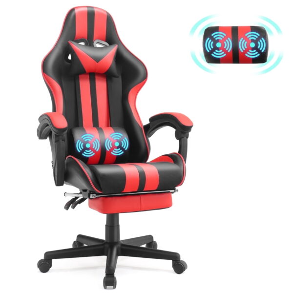 SOONTRANS Red Gaming Chair,  Reclining Office Chair with Footrest & Massage Lumbar, Ergonomic Swivel Gamer Game Chair with Adjustable Headrest