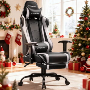 GTRACING Gaming Chair with Footrest PU Leather Office Chair with Adjustable Headrest, White
